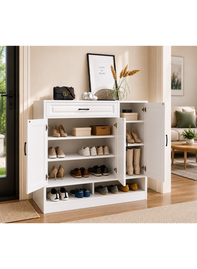 keke Wooden Shoe Cabinet | Shoe Storage Cabinet with Drawer | 3 Door Entryway Shoe Rack Organizer | Modern Space Saving Shoe Organizer for Home, Hallway & Living Room | White | 90 CM - Image 2