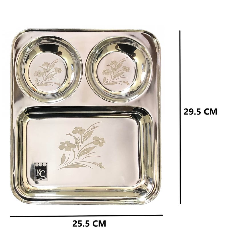 KC Stainless Steel Laser Partition Plate 3 in1 | Bhojan Thali | Dinner Plate Set of 6 - Image 3