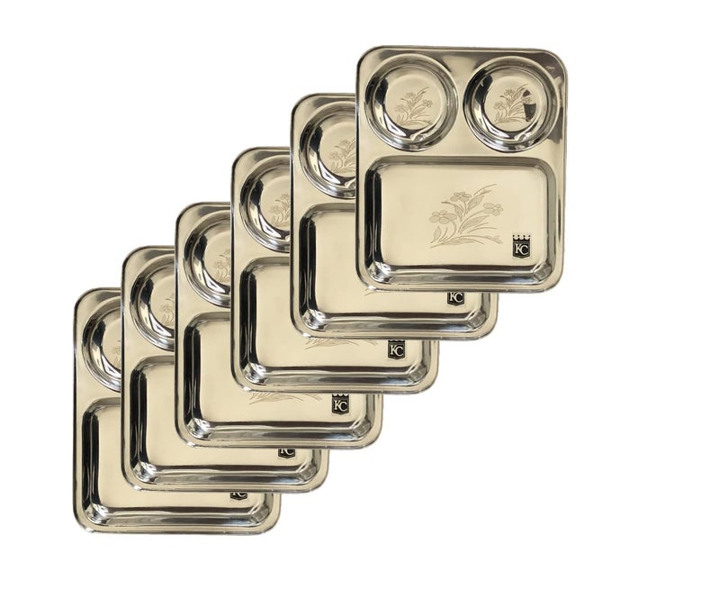 KC Stainless Steel Laser Partition Plate 3 in1 | Bhojan Thali | Dinner Plate Set of 6 - Image 5