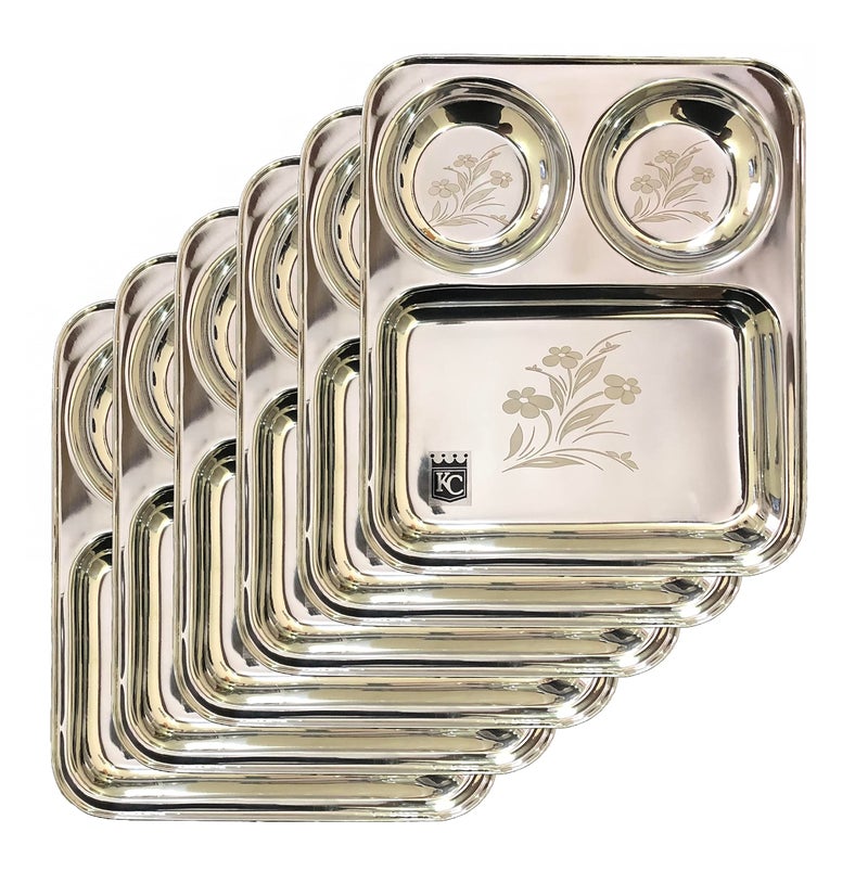 KC Stainless Steel Laser Partition Plate 3 in1 | Bhojan Thali | Dinner Plate Set of 6 - Image 2