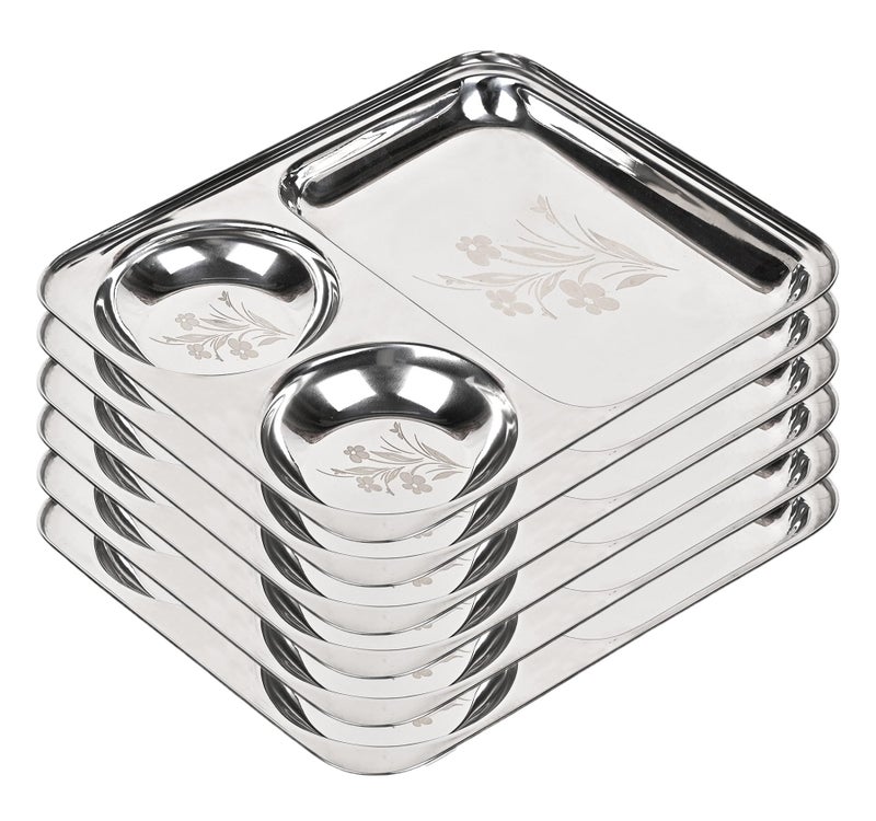 KC Stainless Steel Laser Partition Plate 3 in1 | Bhojan Thali | Dinner Plate Set of 6 - Image 1