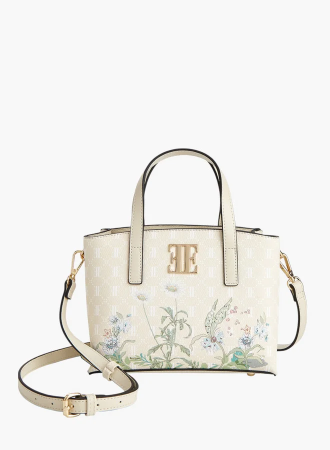 ELLE Women Floral Print Tote Bag with Double Handle and Zip Closure