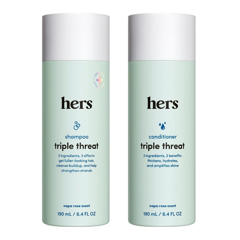 hers Triple Threat Shampoo & Conditioner Set - Biotin, Saw Palmetto, & Pumpkin Seed Oil Formula - Thickens & Hydrates - Color-Safe, Paraben-Free, Vegan - Napa Rose Scent - 6.4 Fl Oz, 2 Count - Image 1