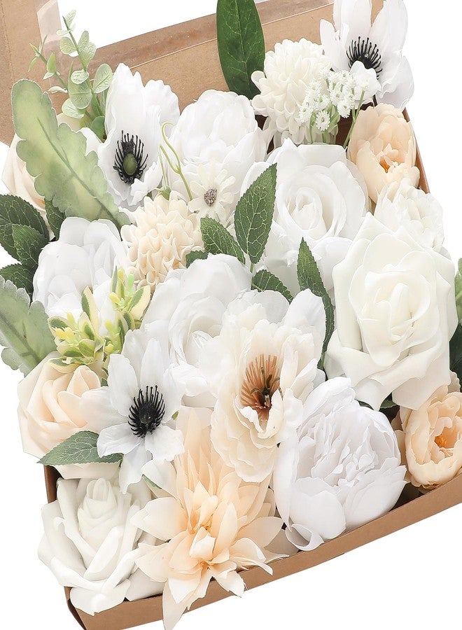 Floroom Cream White Artificial Flowers Fake Roses Dahlias Peonies Poppies and Greenery Combo Box Set for DIY Wedding Bouquets Bridal Shower Centerpieces Floral Arrangements Party Tables Decorations - Image 1