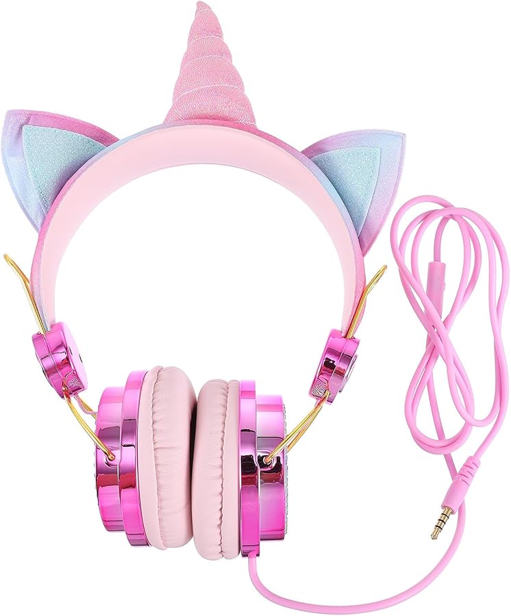 Rhinestone Cat Ear Gaming Headset with Microphone Rose Gold Wired Headphones for Computer and Cellphone - Image 1