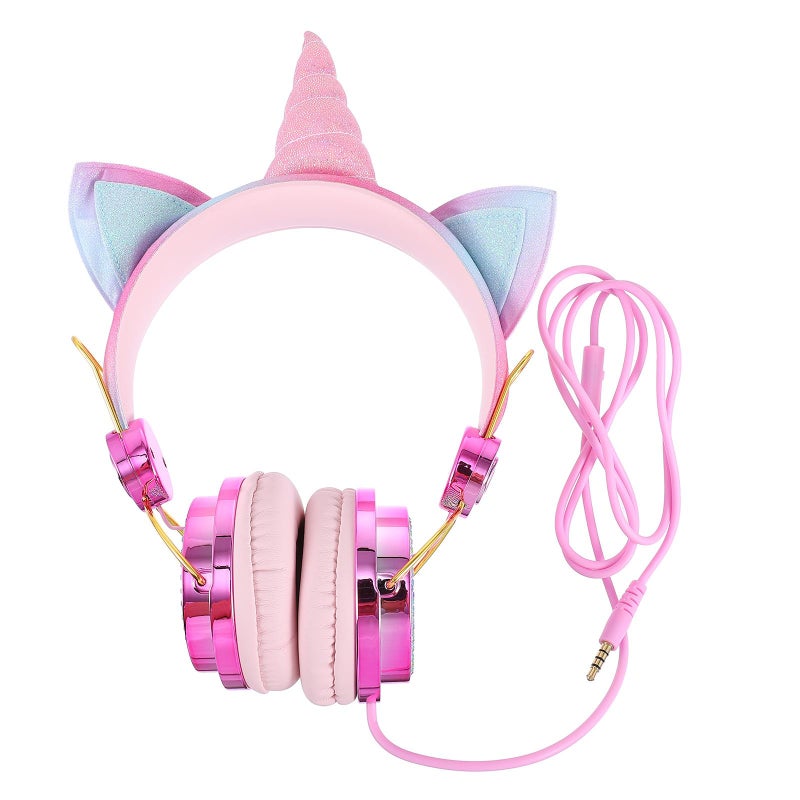 Rhinestone Cat Ear Gaming Headset with Microphone Rose Gold Wired Headphones for Computer and Cellphone - Image 2