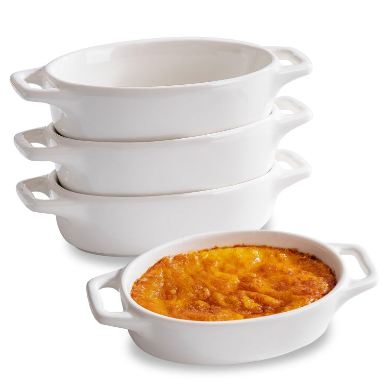 Zaposcca 4-Pack Oval Creme Brulee Ramekins, 4 oz Mini Porcelain Souffle Dish, Ramekins Oven Safe with Double Handles (White) - Image 1