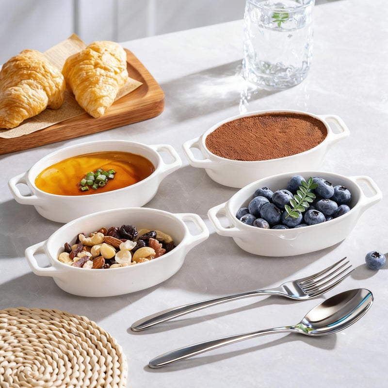 Zaposcca 4-Pack Oval Creme Brulee Ramekins, 4 oz Mini Porcelain Souffle Dish, Ramekins Oven Safe with Double Handles (White) - Image 5