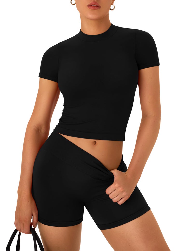 OLCHEE Womens Workout Sets 2 Piece Seamless Summer Outfits Scrunch Butt Shorts Crew Neck T-shirt Matching Clothing Set - Black Medium - Image 1
