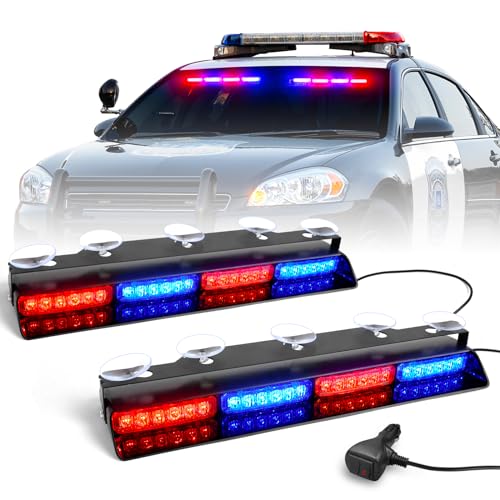 HLauto 6Z4J Emergency Dash Strobe Lights: 2x16.8 inch Red Blue Safety Lights, 48 LED Flashing Warning Hazard Interior Windshield Visor Traffic Light Bar for Trucks, Construction Vehicles - Image 1
