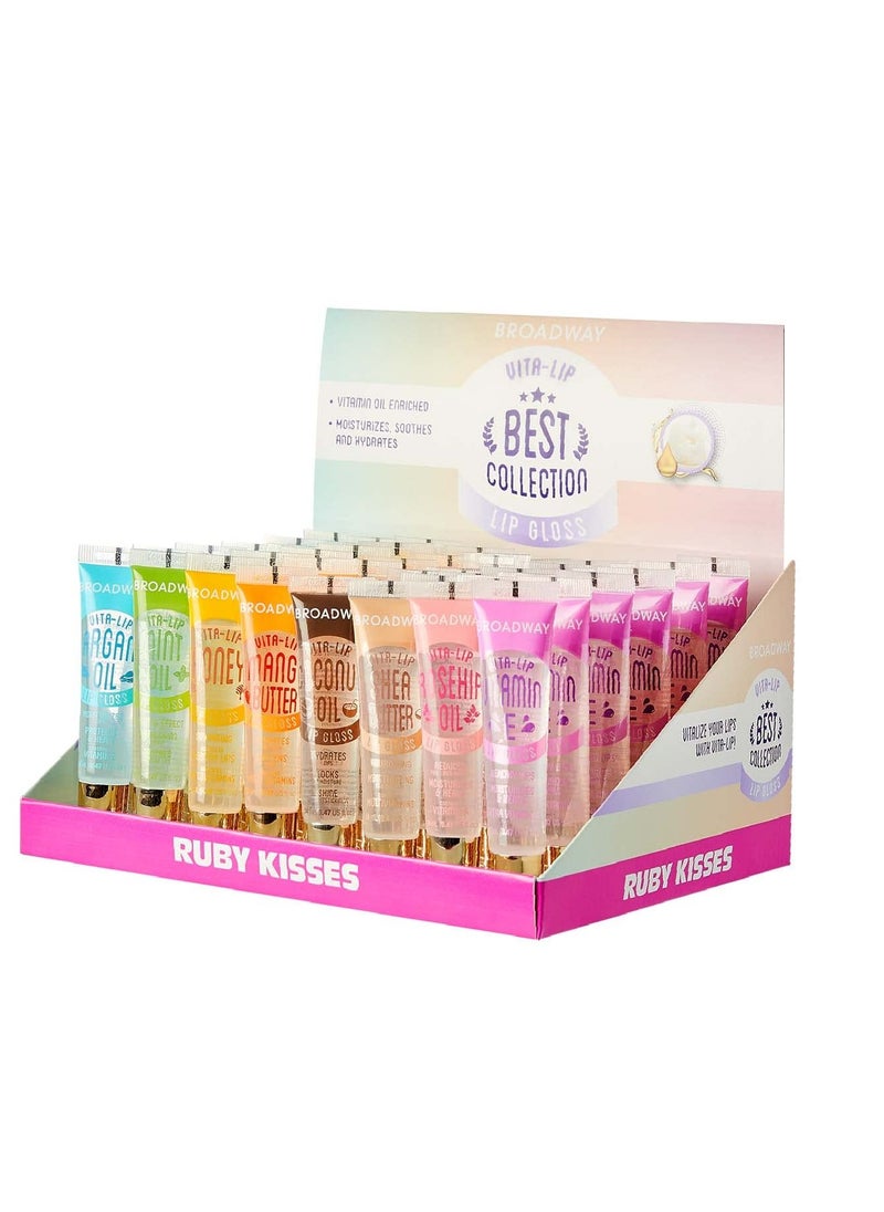 Ruby Kisses - Broadway Broadway Vita-Lip Clear Gloss Variety Box, Ultra-Hydrating & Soothing Formula with Vitamin Oils, Lustrous Non-Sticky Finish, Multipack of 48 Nutrient-Rich Glosses