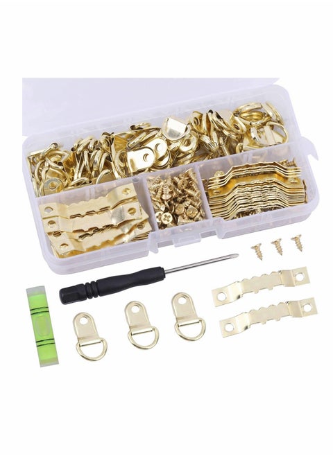 Hook Set, Box Hook, D Ring Picture Frame Hanger, Sawtooth Photo Hanging Hardware Set with Screws and Spirit Level Silver Gold, 252 psc