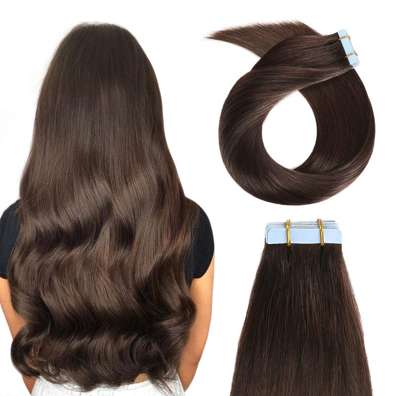 YILITE Tape in Hair Extensions Human Hair 24 inch 2 20pcs 50g Silky Straight Real Remy Human Hair Extensions Tape in 2 Darkest Brown Color24Inch 2 Darkest Brown