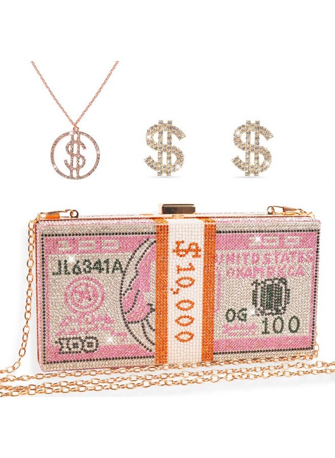 QZUnique 3 Pieces Dollar Clutch Evening Bag With Dollar Necklaces Earrings Women Crystal Rhinestone Stack Of Money Handbag Shoulder Purse Wallet  - Image 1