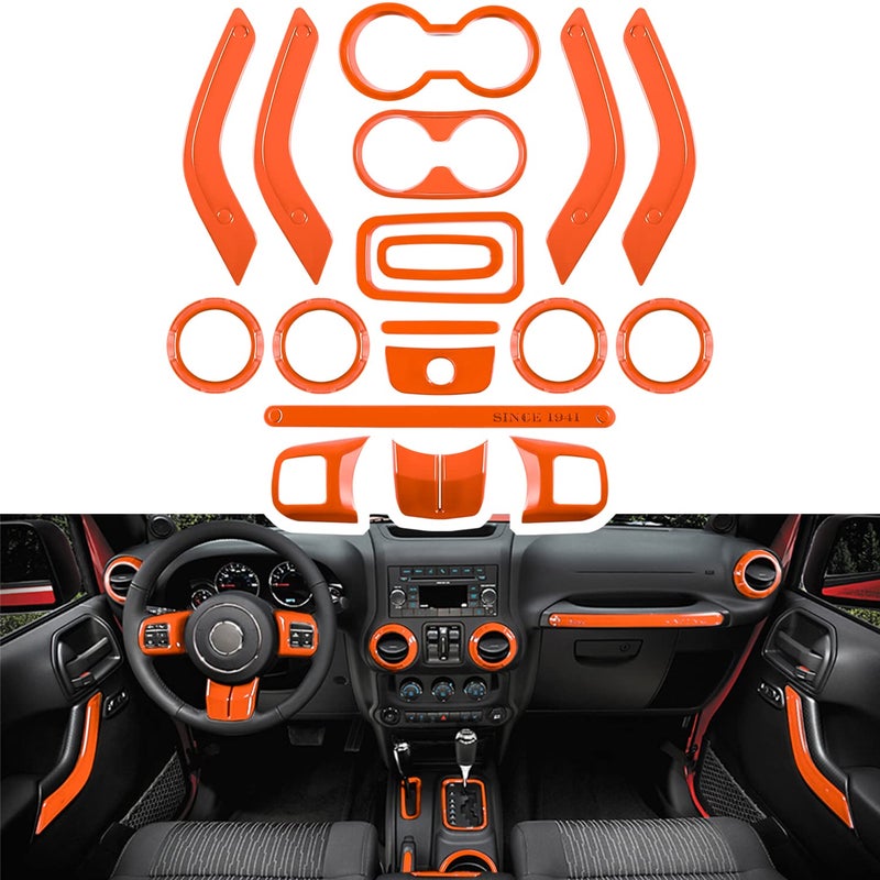 Ecowlboy 18 PCS Full Set Interior Decoration Trim Kit Steering Wheel Center Console Door Handle Air Conditioning Vent Cup Holder Gear Cover Trim for Jeep Wrangler JK JKU 20112018 4Door Orange