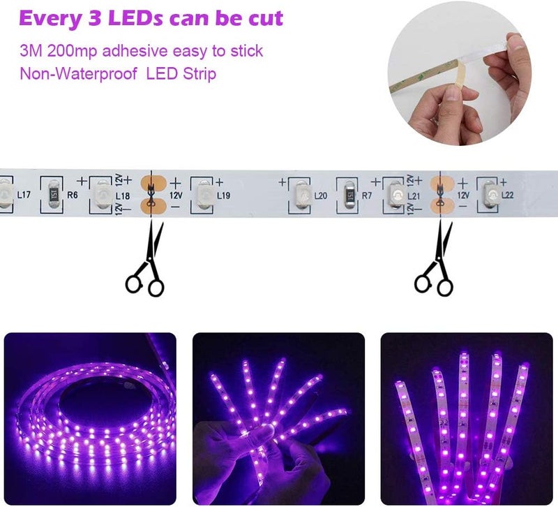 LightingWill LED UV Black Light Strip Kit, Ultraviolet 16.4FT/5M 3528 300LEDs, 395nm-405nm Blacklight for DJ Bar Club Party Decor Night Fishing with 12V Power Supply - Image 4