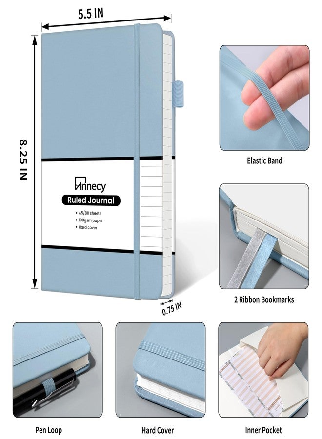 Annecy Numbered College Ruled Lined Journal Notebook, Medium 5.5x 8.25, 160 Pages 100GSM Writing Paper, A5 Haze Blue Faux Leather Cover with Pen Loop - Image 3