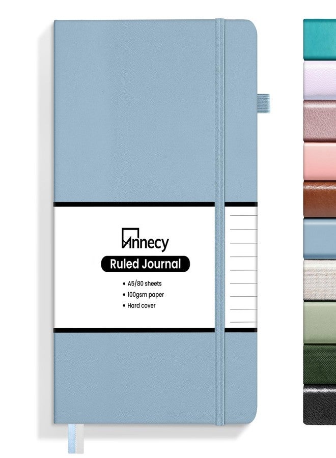 Annecy Numbered College Ruled Lined Journal Notebook, Medium 5.5x 8.25, 160 Pages 100GSM Writing Paper, A5 Haze Blue Faux Leather Cover with Pen Loop - Image 1