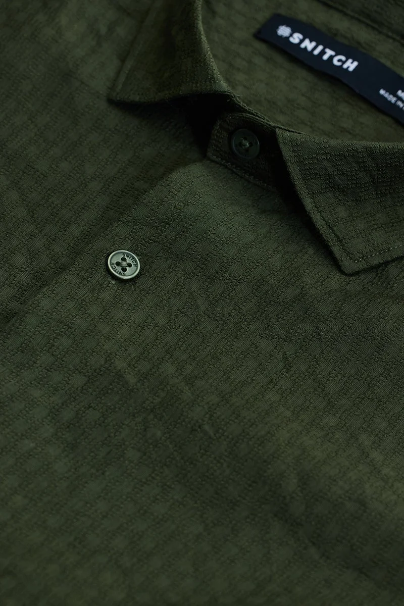 SNITCH Dark Green Textured Long Sleeve Slim Fit Shirt