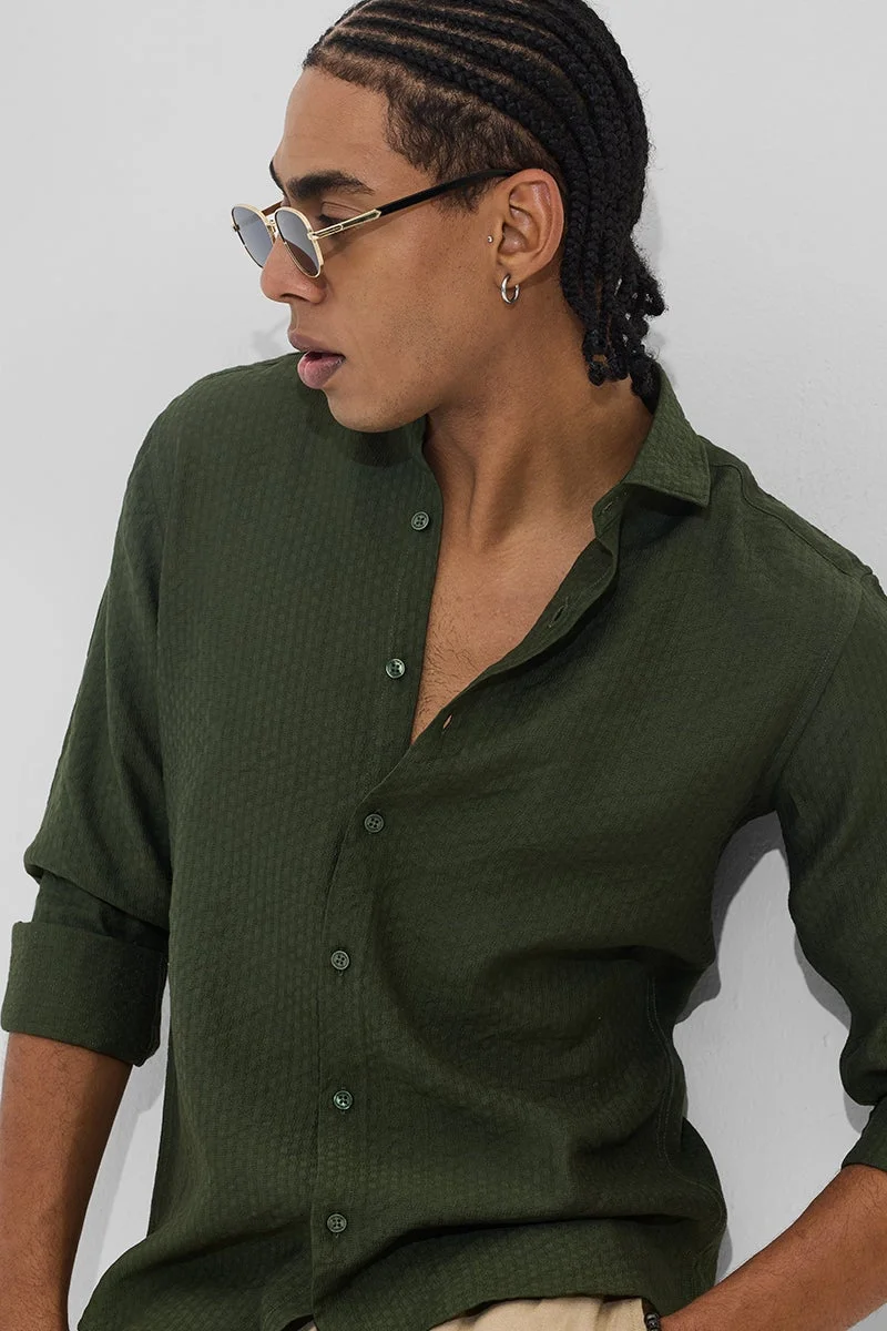 SNITCH Dark Green Textured Long Sleeve Slim Fit Shirt