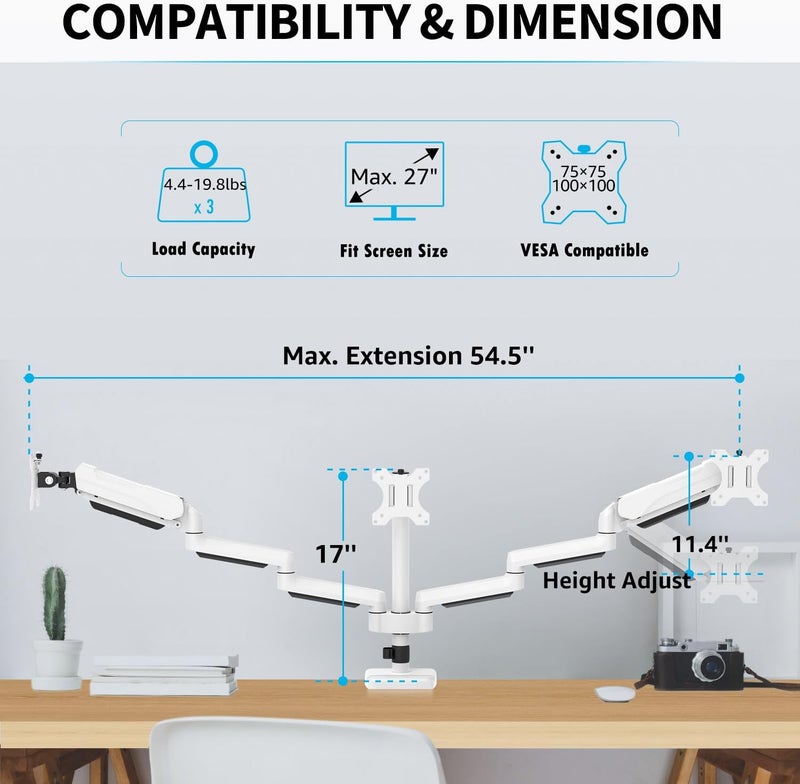 MOUNTUP Triple Monitor Stand Mount - 3 Monitors Desk Mount for Computer Screens Up to 27 inch, Triple Monitor Arm, Heavy Duty Monitors Stand, Each Arm Holds 4.4-19.8 lbs, White - Image 2