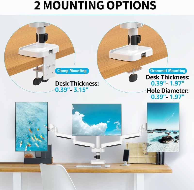 MOUNTUP Triple Monitor Stand Mount - 3 Monitors Desk Mount for Computer Screens Up to 27 inch, Triple Monitor Arm, Heavy Duty Monitors Stand, Each Arm Holds 4.4-19.8 lbs, White - Image 5
