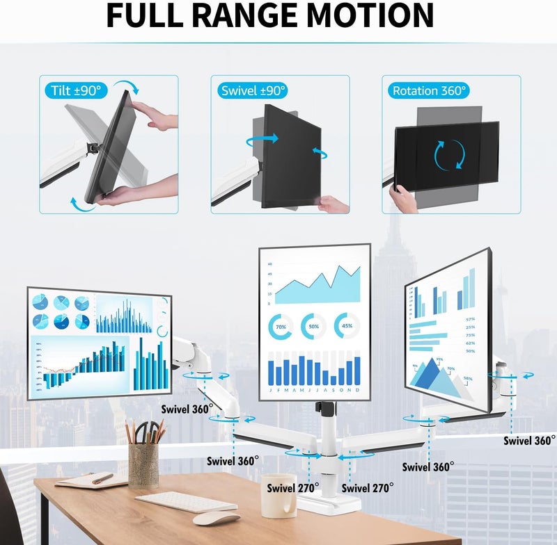 MOUNTUP Triple Monitor Stand Mount - 3 Monitors Desk Mount for Computer Screens Up to 27 inch, Triple Monitor Arm, Heavy Duty Monitors Stand, Each Arm Holds 4.4-19.8 lbs, White - Image 3