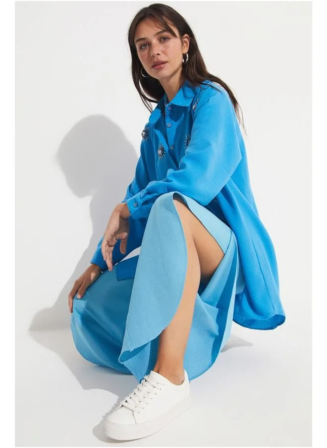 JUNE June Embroidered Detailed Loose Fit Shirt Blue