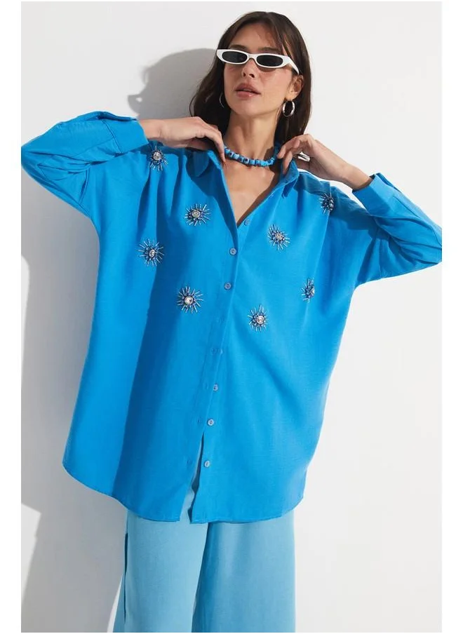 JUNE June Embroidered Detailed Loose Fit Shirt Blue