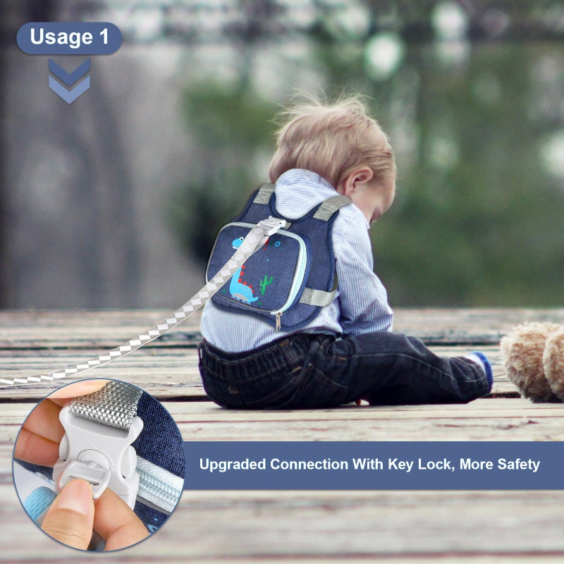 accmor Toddler Harness Leash+ Anti Lost Wrist Link, Accmor Cute Dinosaur Kids Harness with Leash, Foldable Child Leash Baby Walking Wristband Assistant Strap Belt Hold Baby Boys Girls Close While Walking - Image 5