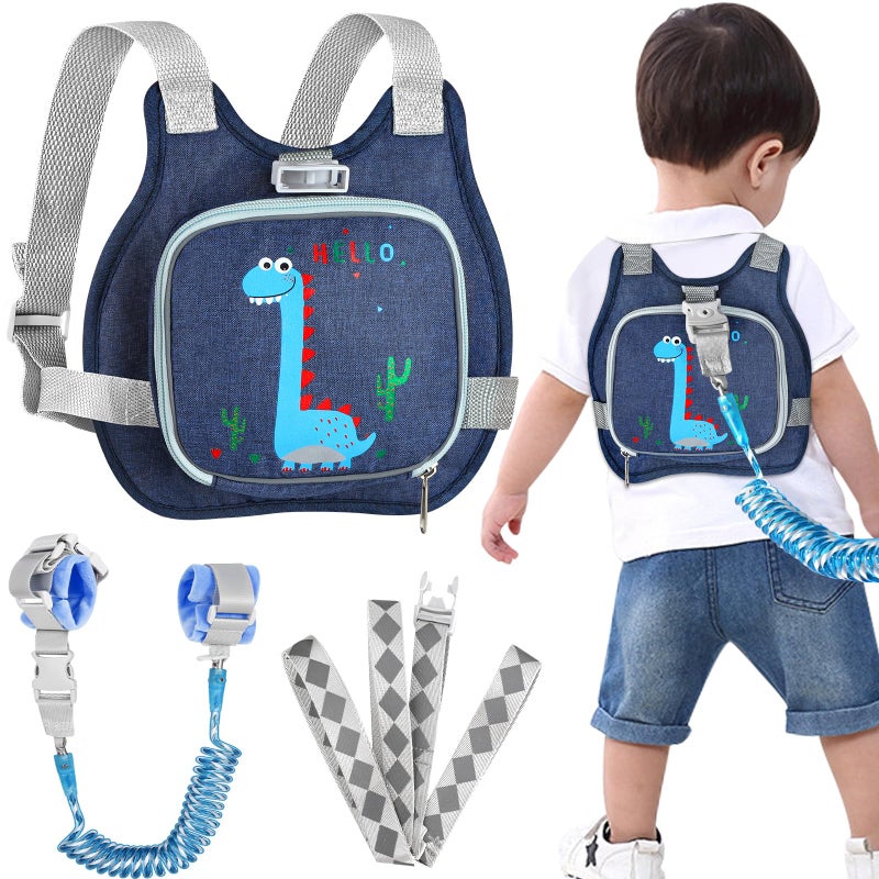 accmor Toddler Harness Leash+ Anti Lost Wrist Link, Accmor Cute Dinosaur Kids Harness with Leash, Foldable Child Leash Baby Walking Wristband Assistant Strap Belt Hold Baby Boys Girls Close While Walking - Image 1