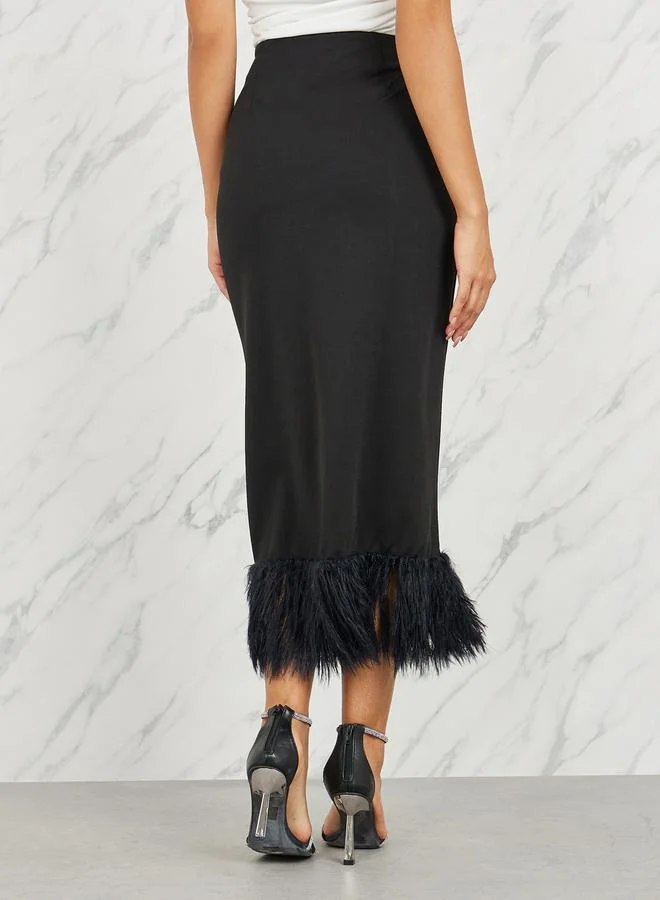 Styli Faux Fur Trim Fitted Midi Skirt