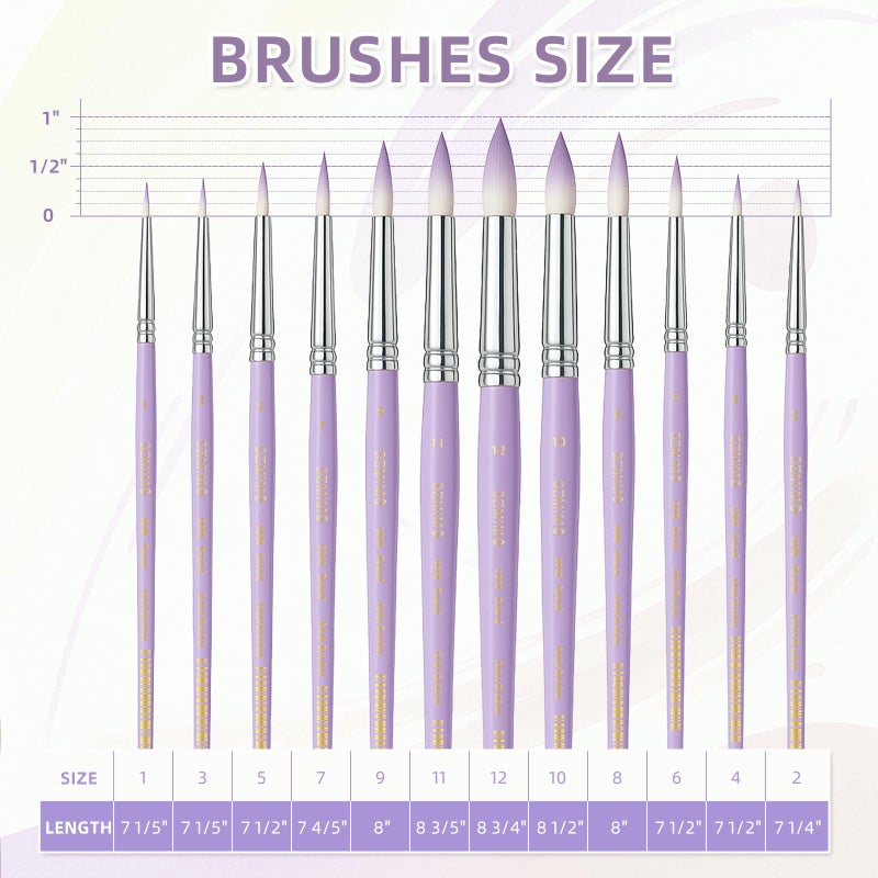 Somime Professional Watercolor Paint Brush Set, 12 Pcs Round Artist Paint Brushes for Watercolor, Oil, Gouache and Acrylic Painting, Purple Handle - Image 3