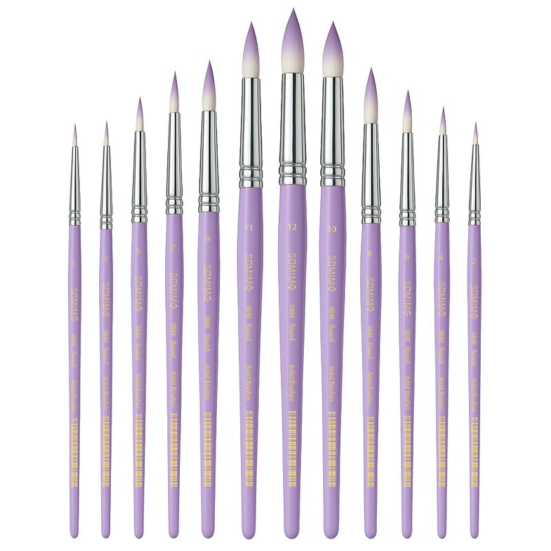 Somime Professional Watercolor Paint Brush Set, 12 Pcs Round Artist Paint Brushes for Watercolor, Oil, Gouache and Acrylic Painting, Purple Handle - Image 1