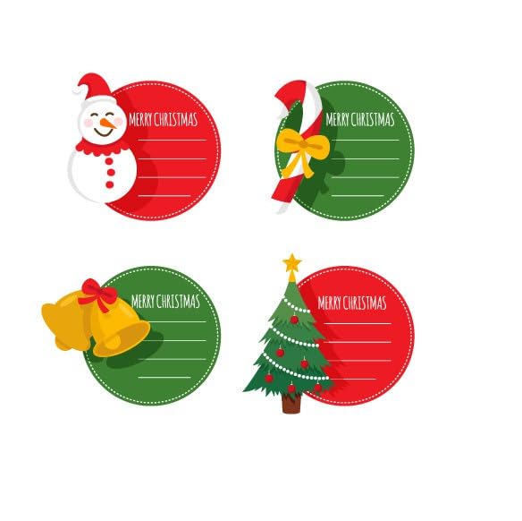 Curious Button Pack of 8 Christmas Paper Stickers – 2.5 Inch Round Merry Christmas Gift Tags with Snowman, Tree, Bells & Candy Cane – Chirtmas Wrapping and DIY Craft Labels, Chistmas Decoraton - Image 1