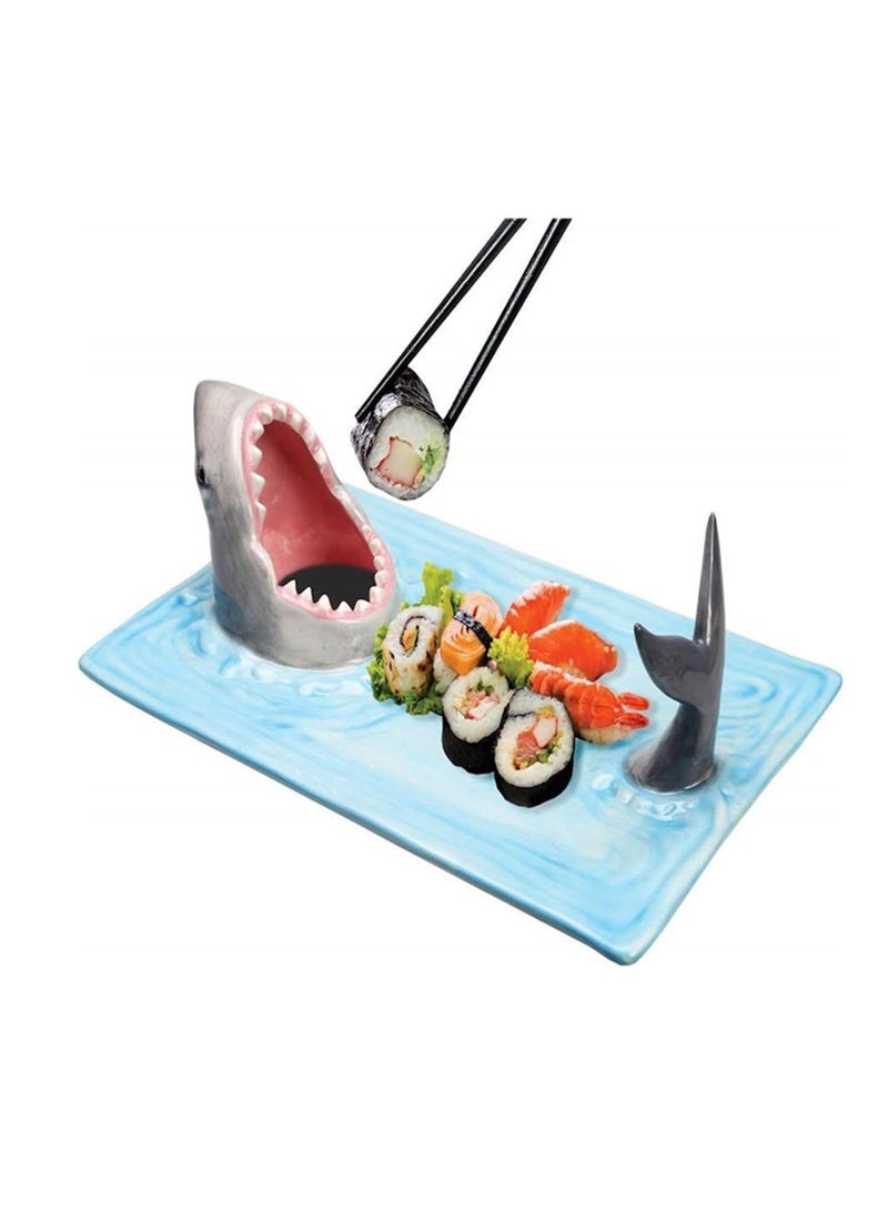 general Sharks Sushi Plate, Creative Ceramic Sushi Serving Tray with Anti-slip Bottom, Plate with Sauce Holder for Beach Themed Parties, Microwave Oven/Dishwasher/Freezer Safe Rectangle Platter Blue - Image 1