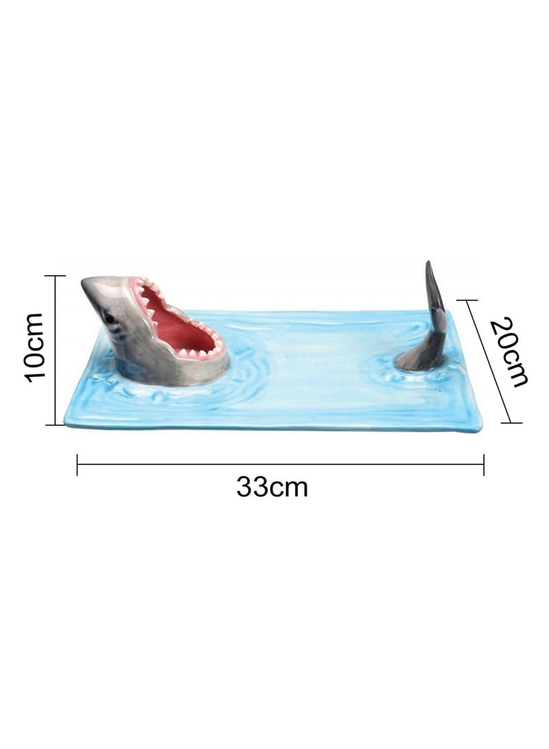 general Sharks Sushi Plate, Creative Ceramic Sushi Serving Tray with Anti-slip Bottom, Plate with Sauce Holder for Beach Themed Parties, Microwave Oven/Dishwasher/Freezer Safe Rectangle Platter Blue - Image 2