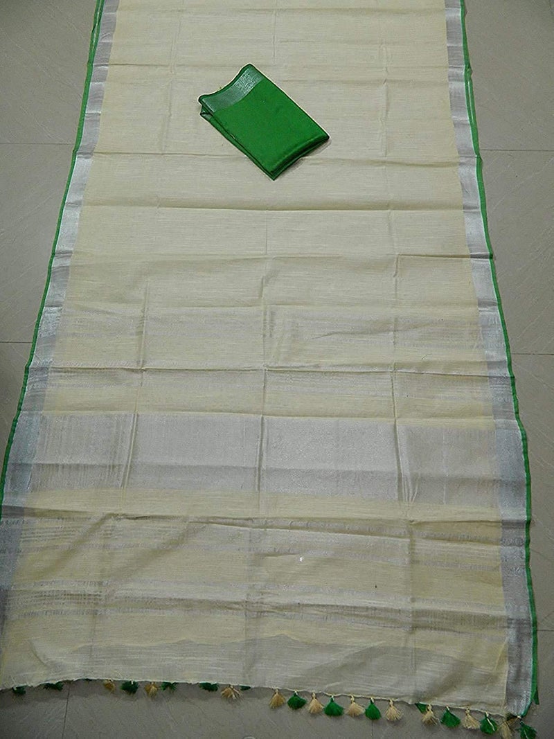SheenKraft Bhagalpuri Linen Handloom Cotton Blend Saree for Women (Lime_Creame-Green) - Image 2