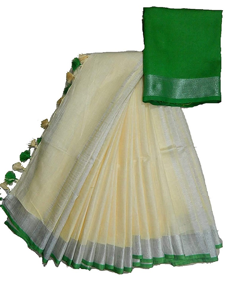 SheenKraft Bhagalpuri Linen Handloom Cotton Blend Saree for Women (Lime_Creame-Green) - Image 5
