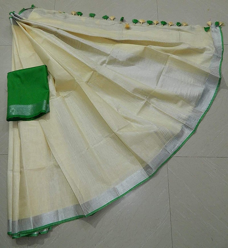 SheenKraft Bhagalpuri Linen Handloom Cotton Blend Saree for Women (Lime_Creame-Green) - Image 3