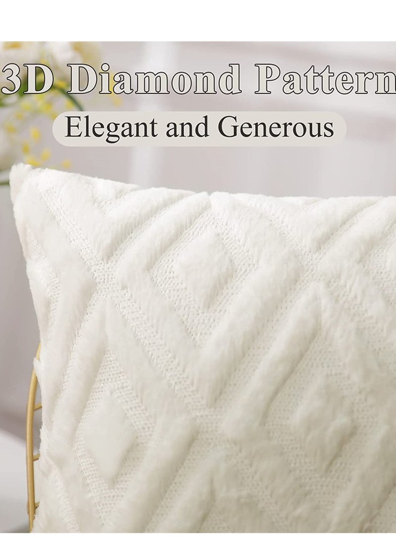 Soft Faux Fur Throw Pillow Covers, 16 x 16 Inch Plush Short Wool Velvet Decorative Pillow Covers, Couch Sofa Pillow Covers for Living Room with 3D Diamond Pattern (Set of 2, Cream White)  - Image 2