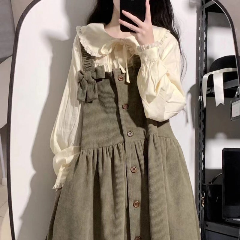 Sweet And Gentle Style Suspender Dress For Female Students Korean Style Loose Mid-Length Versatile Two-Piece Set - Image 1