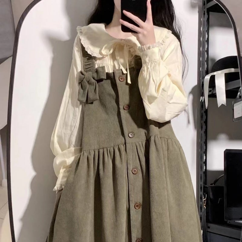 Sweet And Gentle Style Suspender Dress For Female Students Korean Style Loose Mid-Length Versatile Two-Piece Set - Image 2