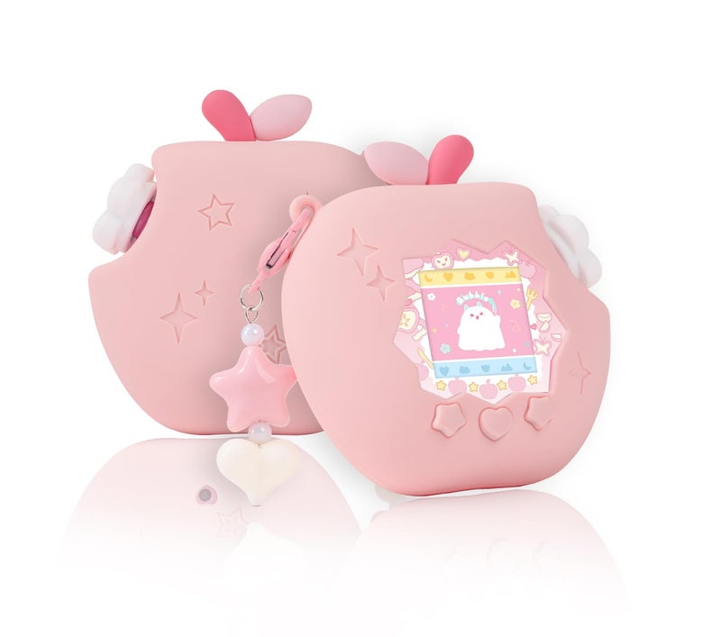 BUBBLELOGUS Apple Case for Tamagotchi Paradise, 4-iaradisen-1 Shockproof Silicone Protective Cover Kit with Faceplate, Flower Dial Cap & Charm, Kawaii Accessories for Girls & Adults (Pink) - Image 1