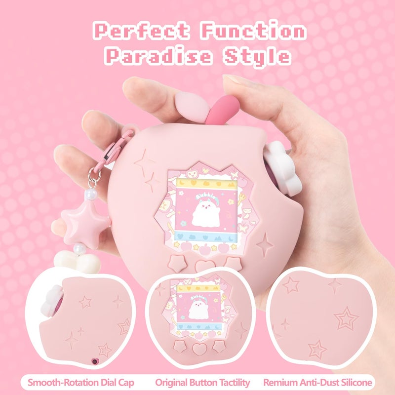 BUBBLELOGUS Apple Case for Tamagotchi Paradise, 4-iaradisen-1 Shockproof Silicone Protective Cover Kit with Faceplate, Flower Dial Cap & Charm, Kawaii Accessories for Girls & Adults (Pink) - Image 3