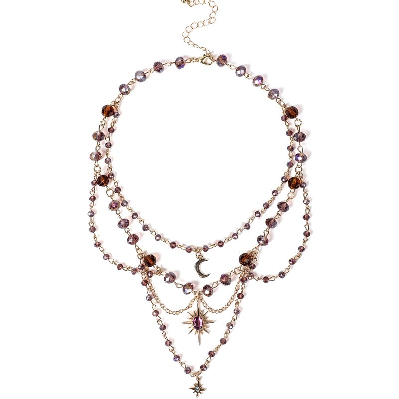 MOSTORY Beaded Fairy Moon Necklace - Layered Sun Choker for Renaissance Accessories Women Fairytale, Vintage Pendant Crescent Necklace for Renfaire Fairycore Cosplay - Image 1