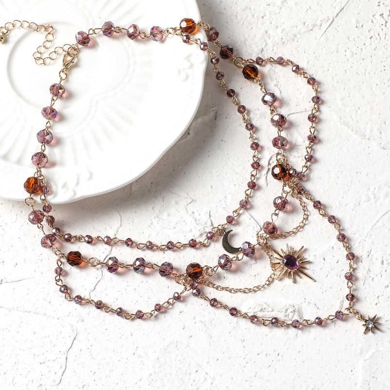 MOSTORY Beaded Fairy Moon Necklace - Layered Sun Choker for Renaissance Accessories Women Fairytale, Vintage Pendant Crescent Necklace for Renfaire Fairycore Cosplay - Image 4