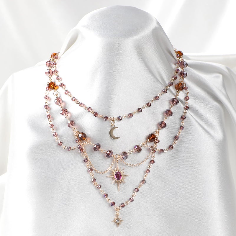 MOSTORY Beaded Fairy Moon Necklace - Layered Sun Choker for Renaissance Accessories Women Fairytale, Vintage Pendant Crescent Necklace for Renfaire Fairycore Cosplay - Image 5