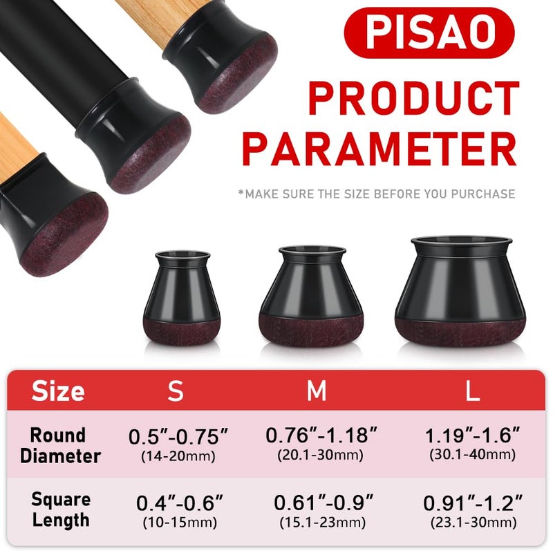 PISAO 24 Pcs Chair Leg Floor Protectors, Black Silicone Chair Leg Protectors Caps Covers for Hardwood Floors, Furniture Pads Sliders with Wrapped Felt Bottom Medium (Fit:0.76"-1.18") - Image 4