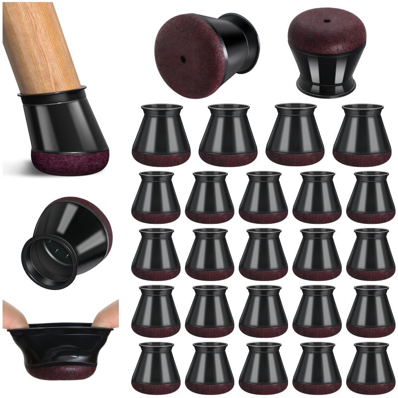 PISAO 24 Pcs Chair Leg Floor Protectors, Black Silicone Chair Leg Protectors Caps Covers for Hardwood Floors, Furniture Pads Sliders with Wrapped Felt Bottom Medium (Fit:0.76"-1.18") - Image 1